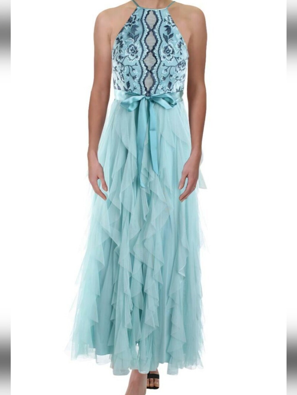 teeze Me Dress. 17/18. Blue Embroidery. Long Evening Gown. Sleeveless. Ruffles